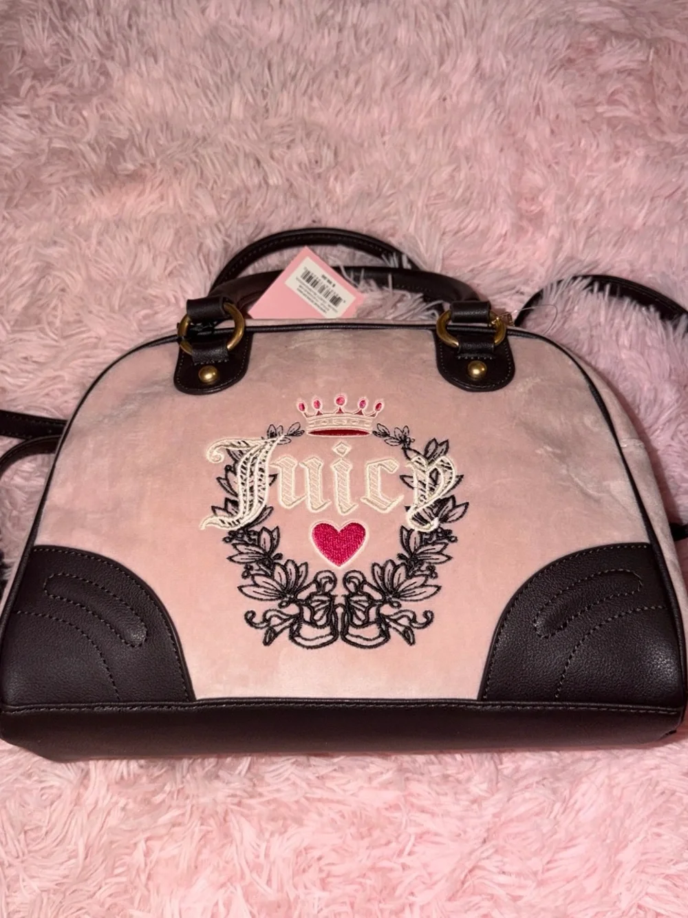 Juicy Couture Light Pink Velour Satchel with Brown Trim and Embroidered Crest